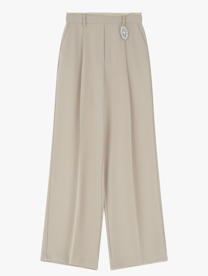Pantalone vita alta palazzo con pence e spilla beige IMPERIAL