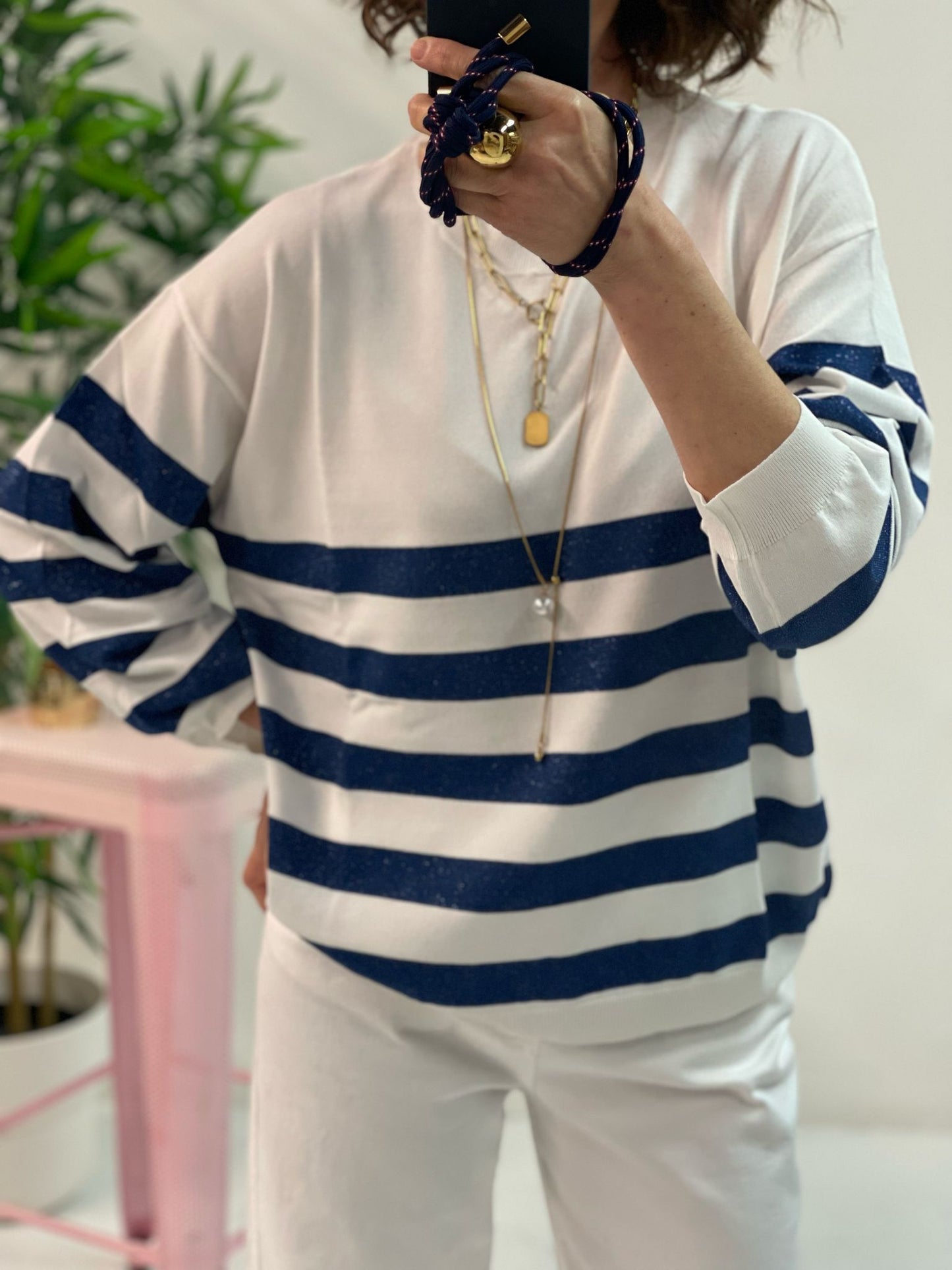 Maglia girocollo bianca righe lurex